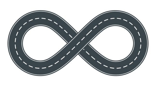 Asphalt infinity road loop symbol curving continuously with white lane markings isolated on clean white background representing endless journey concepts and eternal possibilities