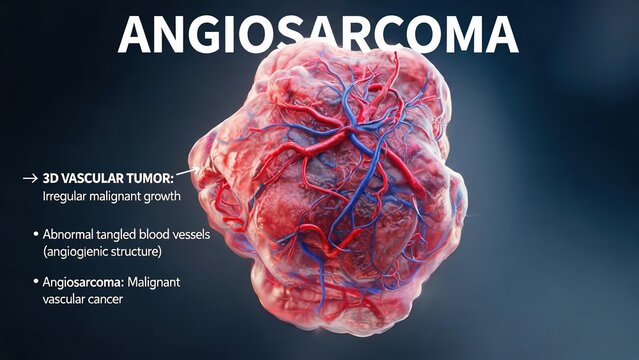 Transparent 3D Medical Render of Angiosarcoma Malignant Vascular Cancer, Showing Abnormal Tangled Blood Vessels and Irregular Malignant Tumor Growth
