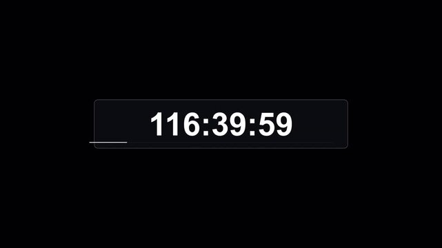 Digital Time Counter 0 to 700 Hours Minimalist Clean Stopwatch Clock Fast Elapsed Hours Display Screen Overlay Animation 30 Seconds in 4K UHD Alpha Transparent Background