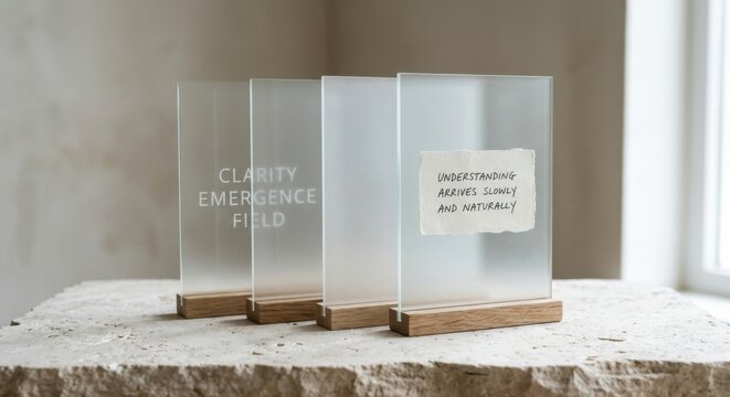 Minimal Frosted Glass Panels with Wood Bases Displaying Quotes