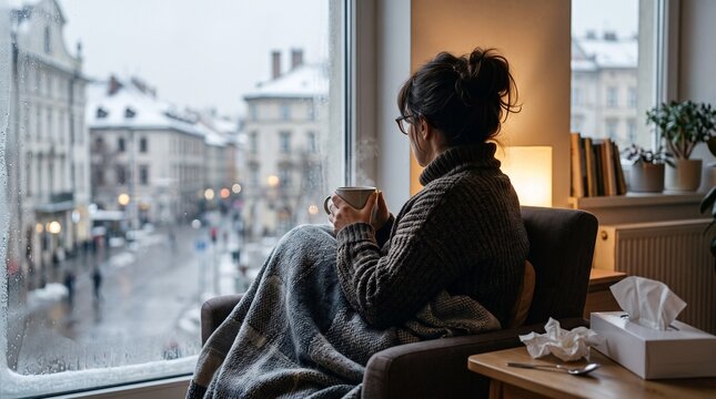 A woman relaxing at home with a warm cup of coffee while watching the snowy city view from her cozy window seat during a winter afternoon