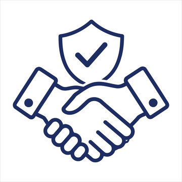 Handshake icon featuring security shield with check mark symbolizing successful corporate trust and compliance.