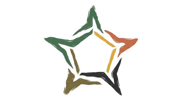 Abstract Five Point Star Logo Icon Featuring Interlocking Brush Strokes in Earthy Tones Isolated on White Background