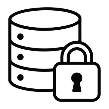 Secure database storage outline icon featuring a three-tiered server tower locked safely with a padlock.