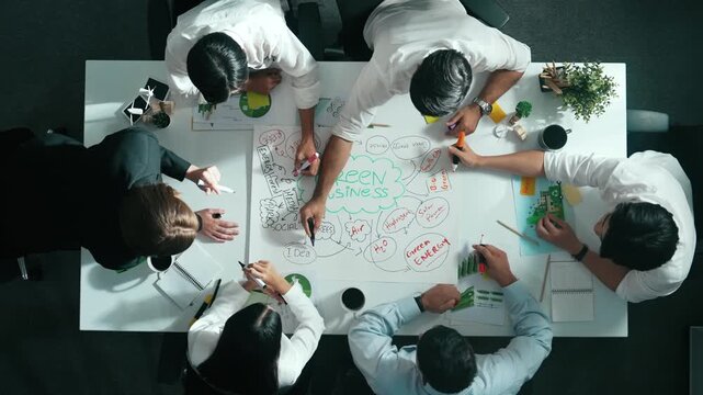 Time lapse of skilled business team working together to brainstorm environmental idea by using mind map. Aerial view of skilled manager talking and discussing about sustainable energy. Alimentation.