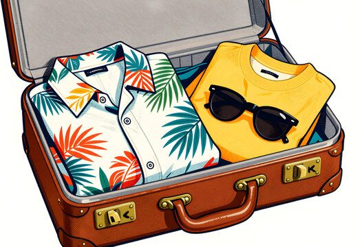 Open vintage suitcase with tropical shirt and sunglasses