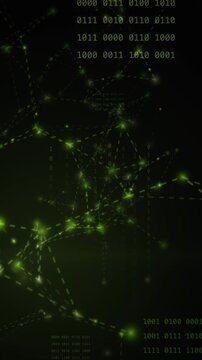 Glowing green digital network links data nodes as binary code pulses across a dark background