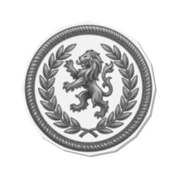 Circular Heraldic Emblem with a Rampant Lion and Laurel Wreath in Halftone Style. Additional Visible Detail Includes Logo.