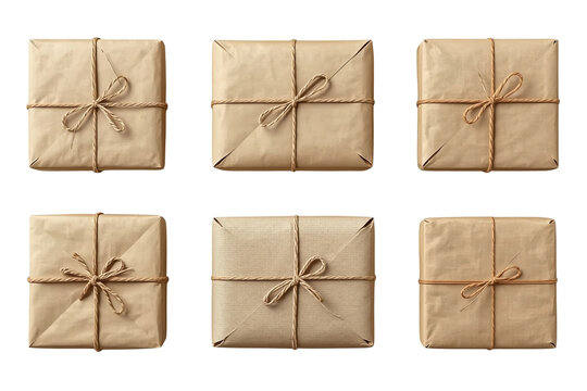 Six kraft paper parcels tied with string graphic asset on transparent background
