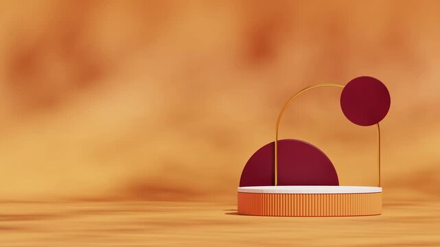 looping seamless shadow animation with gold arch and dark red circle, 3d video render blank mockup of white top orange podium