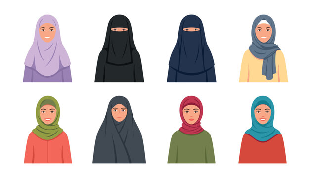 Muslim women portrait vector avatar collection featuring diverse traditional hijab styles niqab chador and colorful islamic clothing