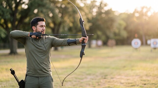 Adult man aiming a recurve bow at outdoor targets in a grassy archery range. The archer practices recreational sports and target shooting at a sunny outdoor range.