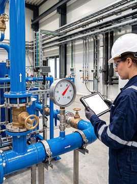 woman engineer in hardhat with tablet controls pressure parameters on blue pipeline with pressure gauge at modern plant