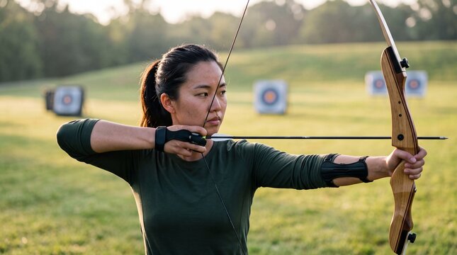 Young asian woman aiming a recurve bow at an outdoor archery range. Female athlete practices target shooting during recreational sports training in a grassy field.