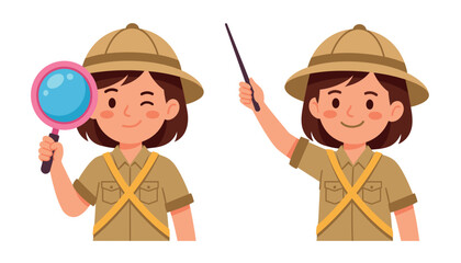 A cute girl explorer character holding a magnifying glass and pointing stick. Safari outfit, vector cartoon illustrations. © MEHERUL