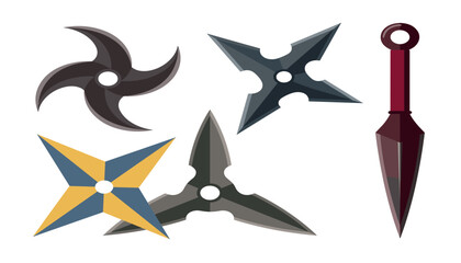A collection of ninja throwing stars and kunai dagger knife weapons. Shuriken set, isolated vector game asset illustrations. © MEHERUL