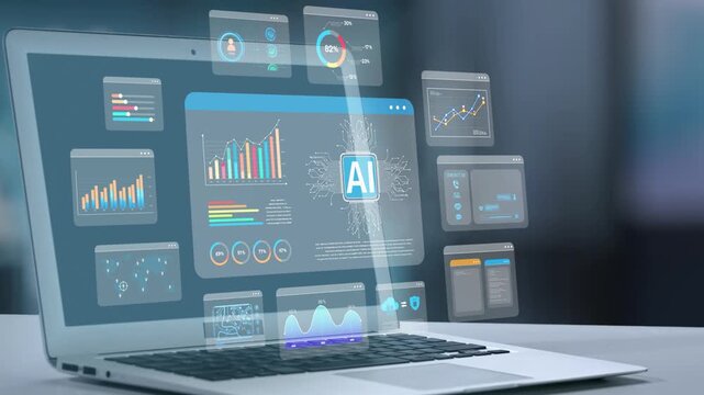 A sleek laptop with a transparent screen showcases an advanced AI interface featuring graphs and charts, symbolizing innovation and data analysis in a modern workspace. Salient