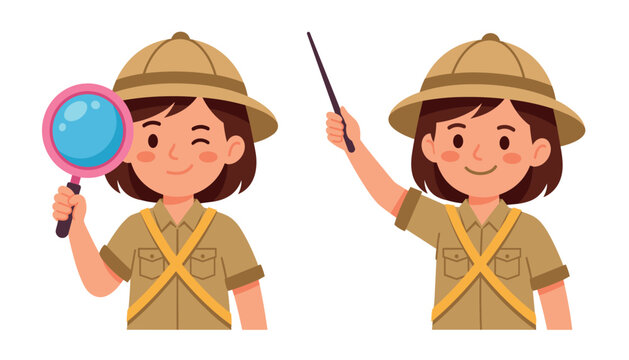 A cute girl explorer character holding a magnifying glass and pointing stick. Safari outfit, vector cartoon illustrations.