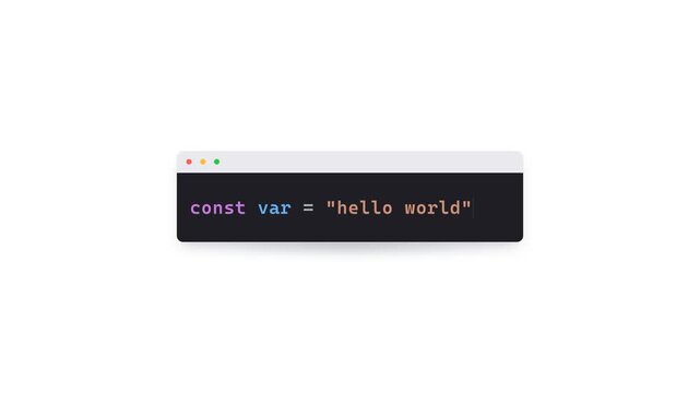 Code snippet displays the classic 'hello world' programming text in a modern interface.