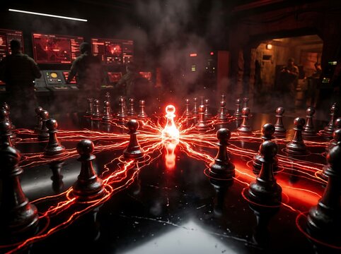 Glowing red electric lines connect a luminous center chess piece with metallic pawns on a dark tactical war room board game table strategy concept.