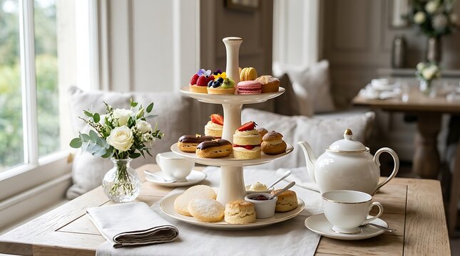 Three tier cake stand with delicious afternoon tea treats and tea set on a dining table. luxury bakery items