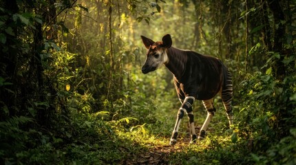 Fototapeta premium An okapi walks through the lush green foliage of a dense tropical rainforest in golden sunlight