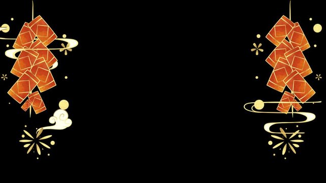 Red envelopes styled as firecracker strings frame a dark background decorated with golden clouds and fireworks for Chinese Lunar New Year.