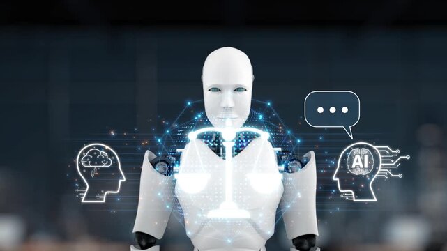 A futuristic robot with a digital representation of scales of justice symbolizes the intersection of AI, technology, and law in a modern workspace setting. Synapse