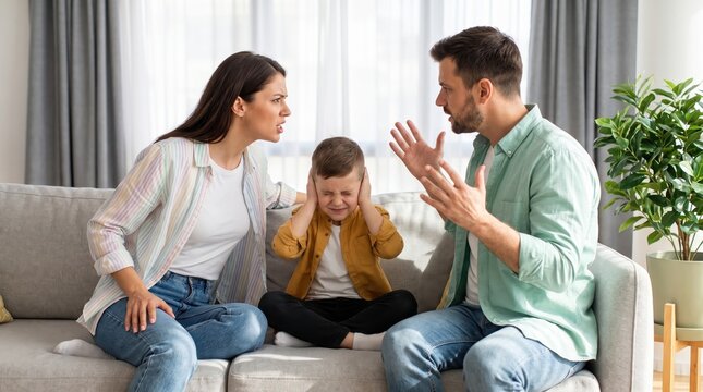 Stressed child covering ears with hands during noisy argument between his parents at home.