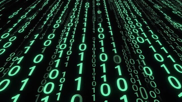 Digital code background with glowing green binary numbers streaming in a futuristic cyberspace matrix flow
