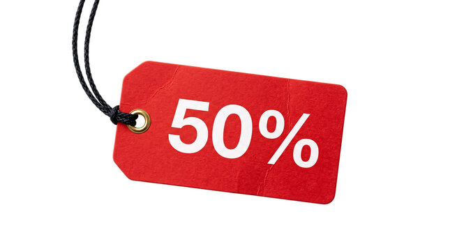 Red 50% discount sale tag with black isolated on transparent background