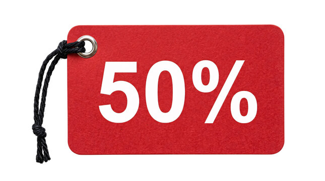 Red rectangular price tag with "50%" isolated on transparent background