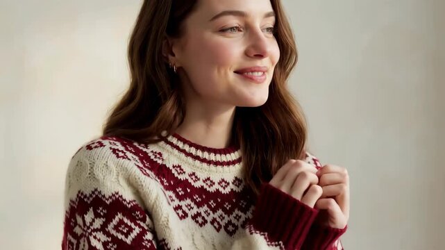 Young woman wearing cozy patterned winter sweater smiling indoors.