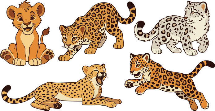Wild Big Cat Cartoon Collection Featuring Lion Cub Leopards and Snow Leopard Wildlife Characters