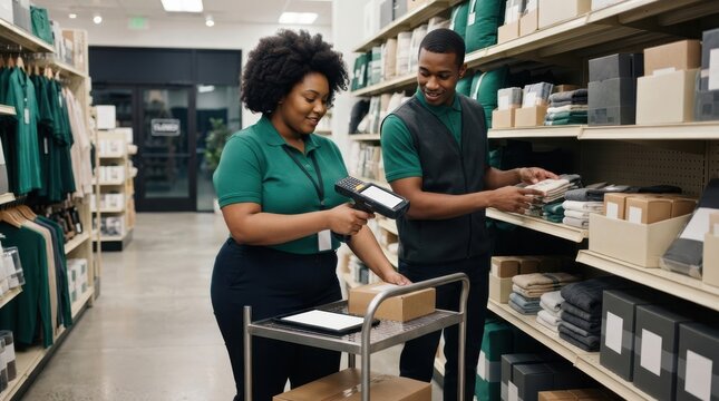 Retail employees scanning inventory items with a handheld device in a modern clothing store