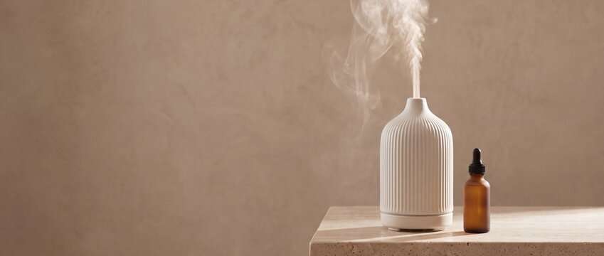 White ceramic essential oil diffuser with steam on a stone table