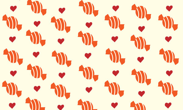 Seamless pattern featuring vibrant orange striped candy motifs and small dark red heart shapes repeated in a playful minimalist graphic design suitable for backgrounds, 