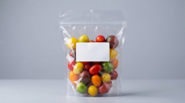 Fresh Cherry Tomatoes in Transparent Ziploc Bag with Blank White Label Mockup on Grey Background for Food Packaging Design