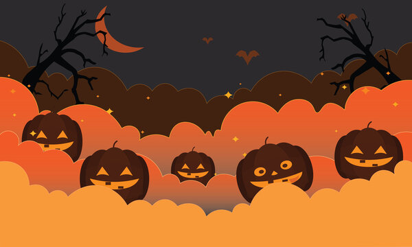 Spooky Halloween pumpkin background, dark orange paper cut layered autumn landscape, carved jack-o-lantern scene