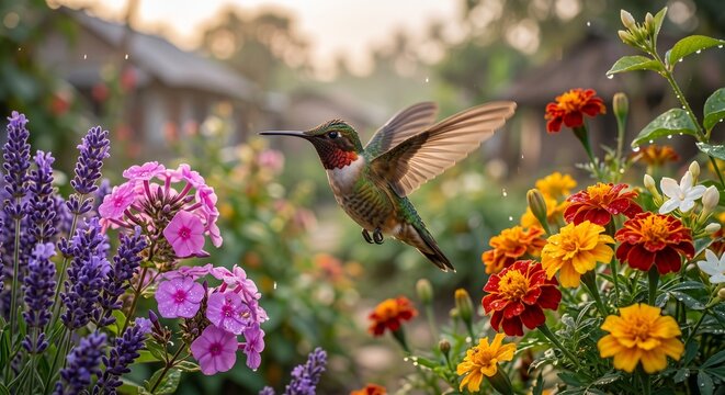 Tiny hummingbird hovering in mid air near blooming colorful garden flowers