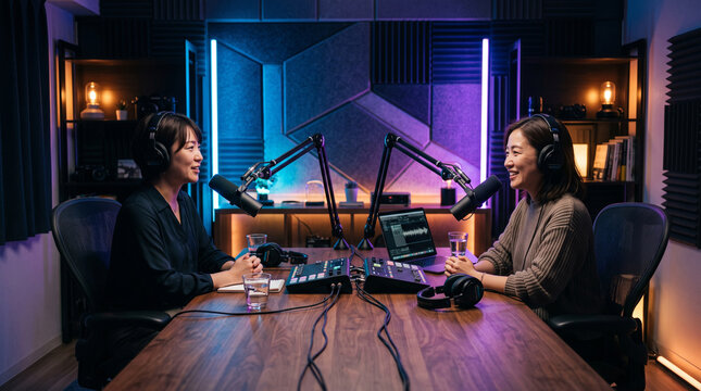 Two Women Laughing While Recording Video Podcast with Headphones