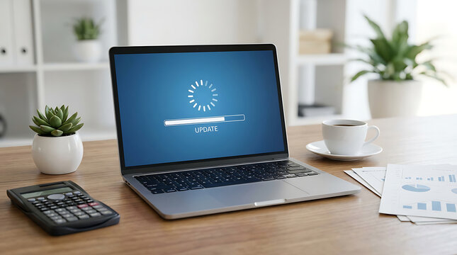 Laptop computer with software update progress bar on office desk