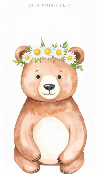 Baby bear with daisy flower crown watercolor illustration of woodland animal character for nursery decor and children greeting cards