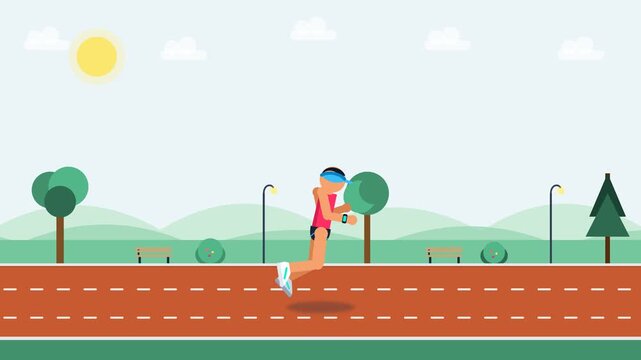 Animated runner character exercising outdoors on track in park setting with motion loop loopable video clip graphics vector illustration design background art