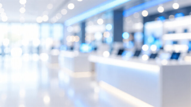 Blurred bokeh background of a modern white electronics store interior
