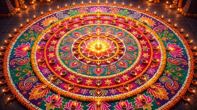 Diwali- festival of lights vektor ornate rangoli with glowing lamps