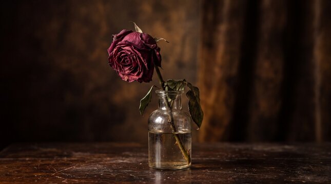 Single wilted red rose in glass bottle on rustic wooden table