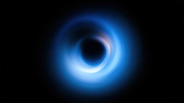 Blue glowing ring of light around a dark void on a black background, abstract circular energy halo and cosmic portal effect design