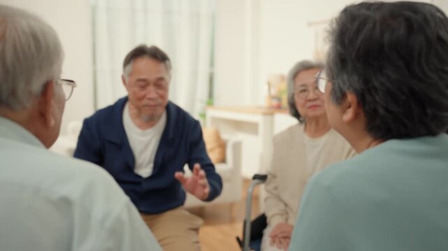 Senior group sharing elderly social interaction in bright home care room with calm conversation among older adults and warm supportive community atmosphere
