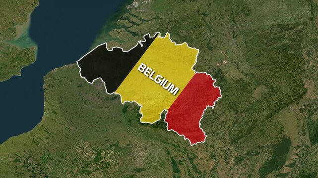 Belgium Glowing Map Outline and Flag Zoom In and Out Animation on World Satellite Map